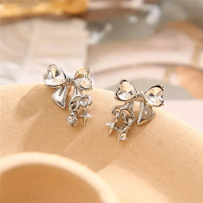 New Y2K Bowknot Zircon Stud Earrings for Women Fashion Korean Silver Color Pink Crystal Personality Earring Party Jewelry Gifts