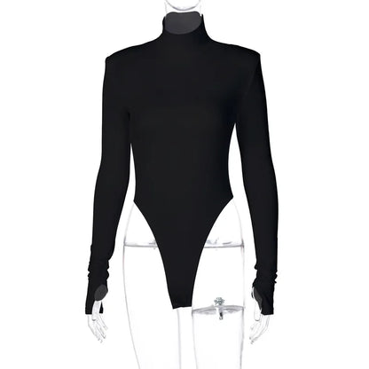 Hugcitar Turtleneck Long Sleeve Black Shoulder Pads Backless Sexy Bodycon Bodysuit Women Fashion Romper Streetwear Nightclub Y2K