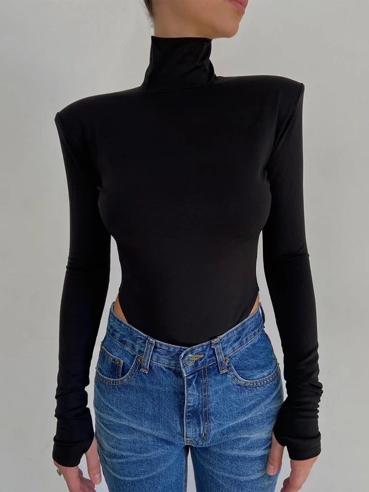 Hugcitar Turtleneck Long Sleeve Black Shoulder Pads Backless Sexy Bodycon Bodysuit Women Fashion Romper Streetwear Nightclub Y2K