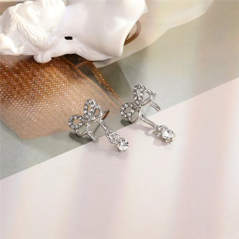 New Y2K Bowknot Zircon Stud Earrings for Women Fashion Korean Silver Color Pink Crystal Personality Earring Party Jewelry Gifts