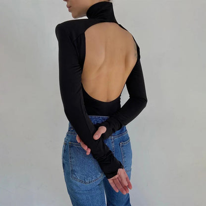 Hugcitar Turtleneck Long Sleeve Black Shoulder Pads Backless Sexy Bodycon Bodysuit Women Fashion Romper Streetwear Nightclub Y2K