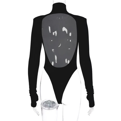 Hugcitar Turtleneck Long Sleeve Black Shoulder Pads Backless Sexy Bodycon Bodysuit Women Fashion Romper Streetwear Nightclub Y2K