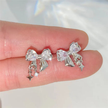 New Y2K Bowknot Zircon Stud Earrings for Women Fashion Korean Silver Color Pink Crystal Personality Earring Party Jewelry Gifts