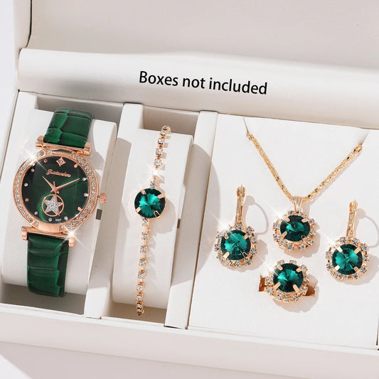 6PCS Set Green Luxury Quartz Watch Women Ring Necklace Earring Rhinestone Fashion Wristwatch Casual Ladies Bracelet Watches 6PCS