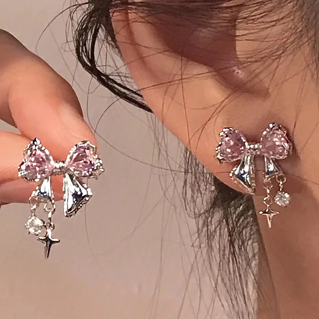 New Y2K Bowknot Zircon Stud Earrings for Women Fashion Korean Silver Color Pink Crystal Personality Earring Party Jewelry Gifts