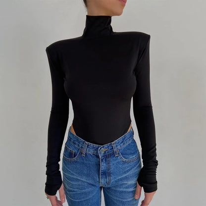 Hugcitar Turtleneck Long Sleeve Black Shoulder Pads Backless Sexy Bodycon Bodysuit Women Fashion Romper Streetwear Nightclub Y2K