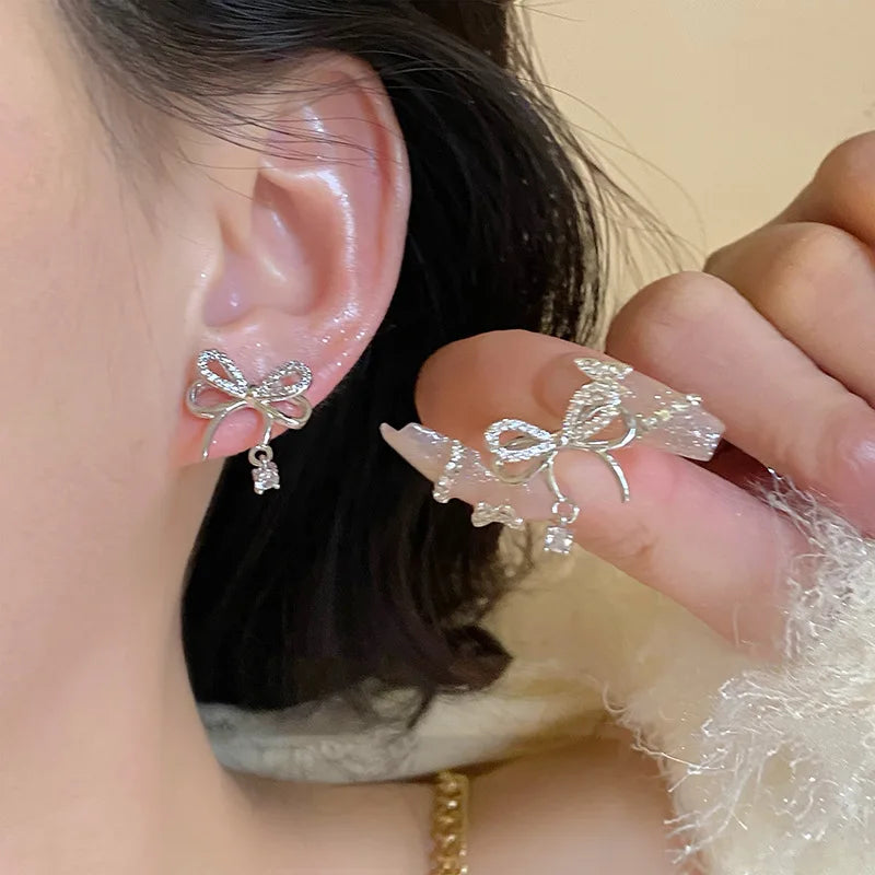 New Y2K Bowknot Zircon Stud Earrings for Women Fashion Korean Silver Color Pink Crystal Personality Earring Party Jewelry Gifts