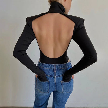 Hugcitar Turtleneck Long Sleeve Black Shoulder Pads Backless Sexy Bodycon Bodysuit Women Fashion Romper Streetwear Nightclub Y2K